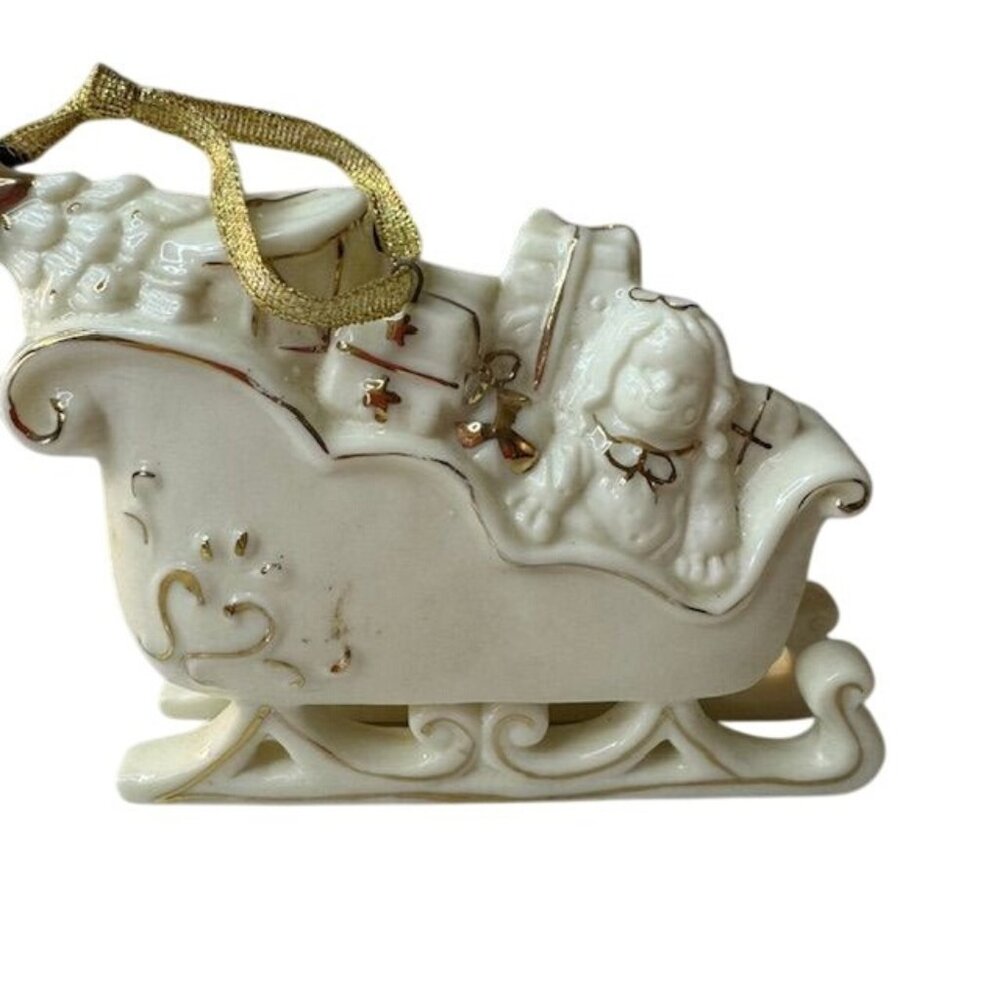 Vintage Ivory Ceramic Sleigh With Santa & Gifts Gold Accents Christmas Holiday D